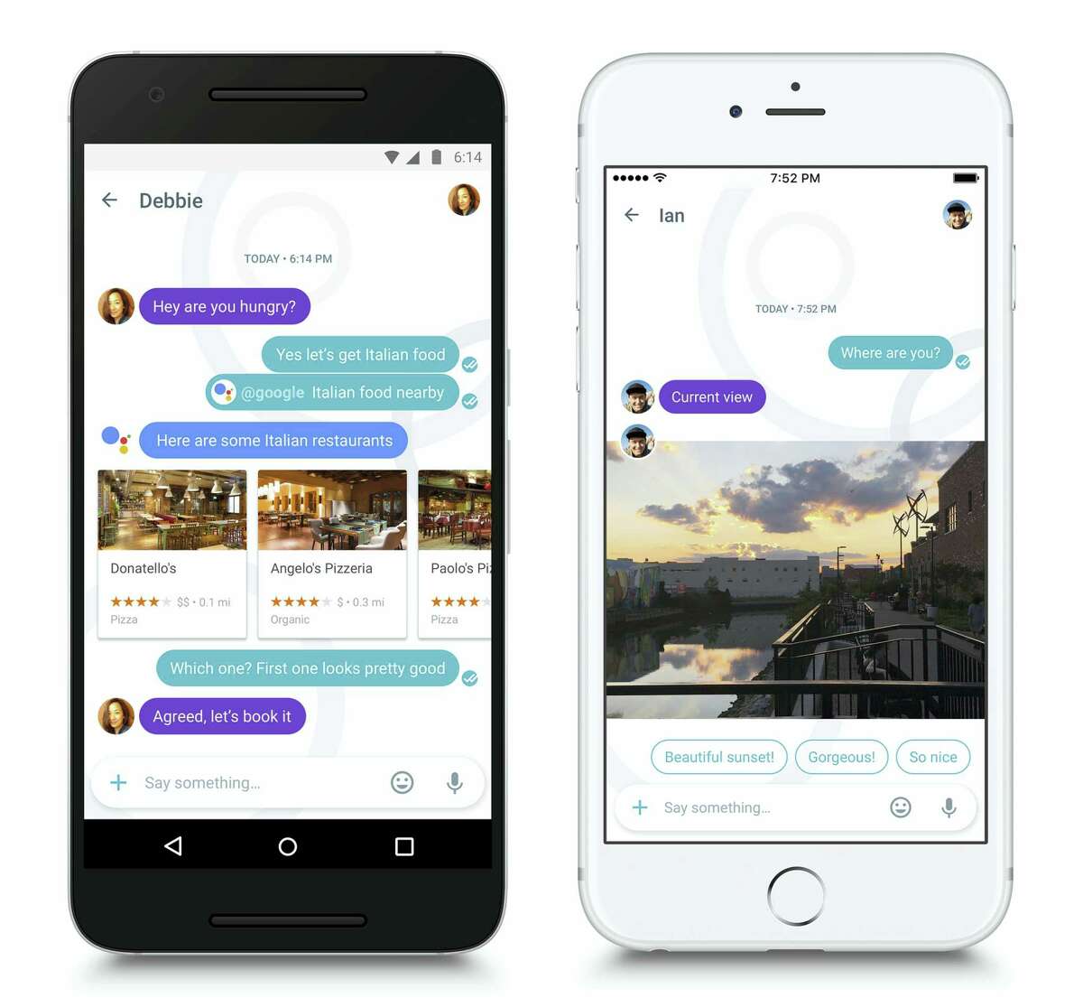 This photo combo of images provided by Google demonstrates the use of the company’s new Allo app. Google wants to modernize phone chats by bringing a personal virtual assistant to conversations.