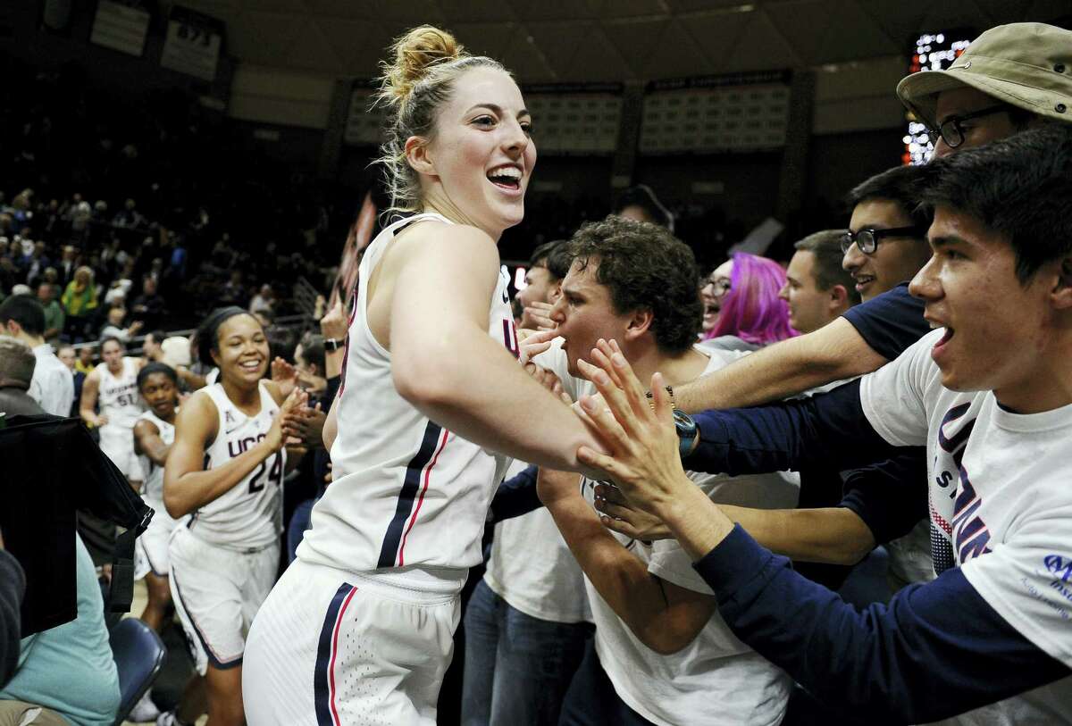 UConn’s Katie Lou Samuelson and her teammates celebrate after Thursday’s win over second-ranked Baylor.