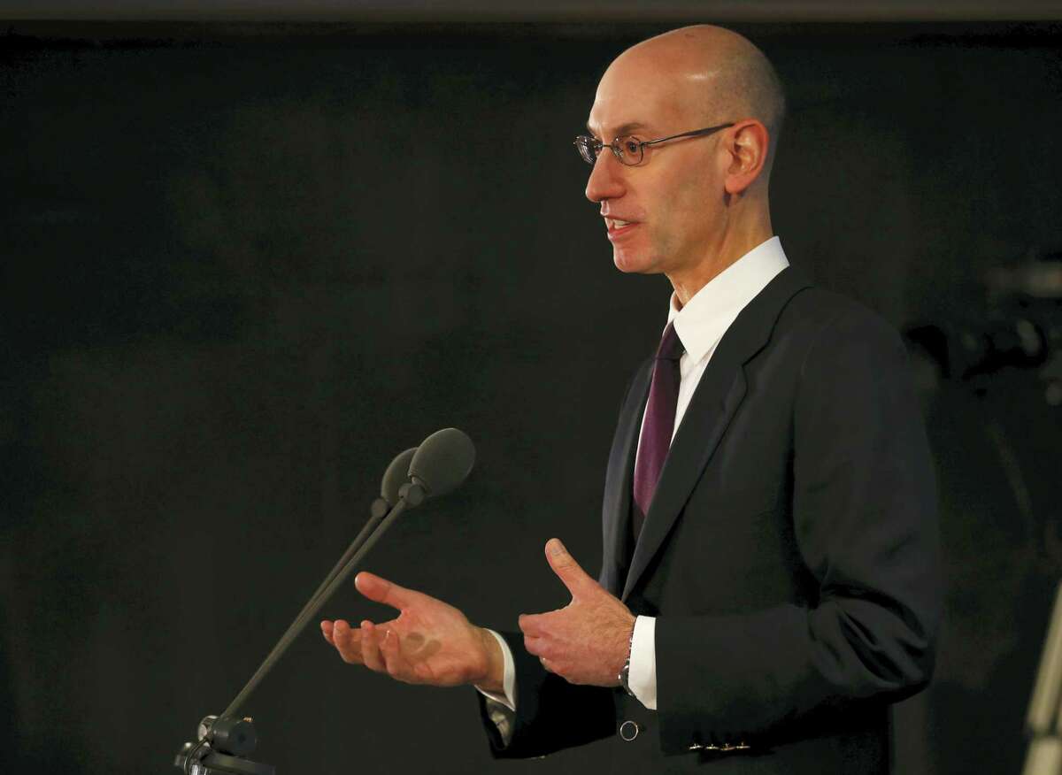 Commissioner of the NBA Adam Silver speaks to the media before Thursday’s game between the Orlando Magic and Toronto Raptors in London on Thursday.