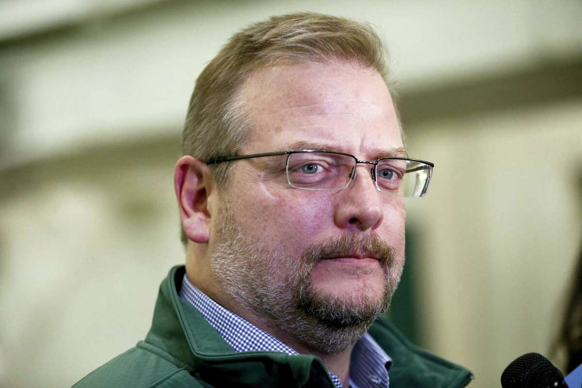 Jets GM Mike Maccagnan speaks to reporters at the team’s training center on Thursday in Florham Park, N.J.