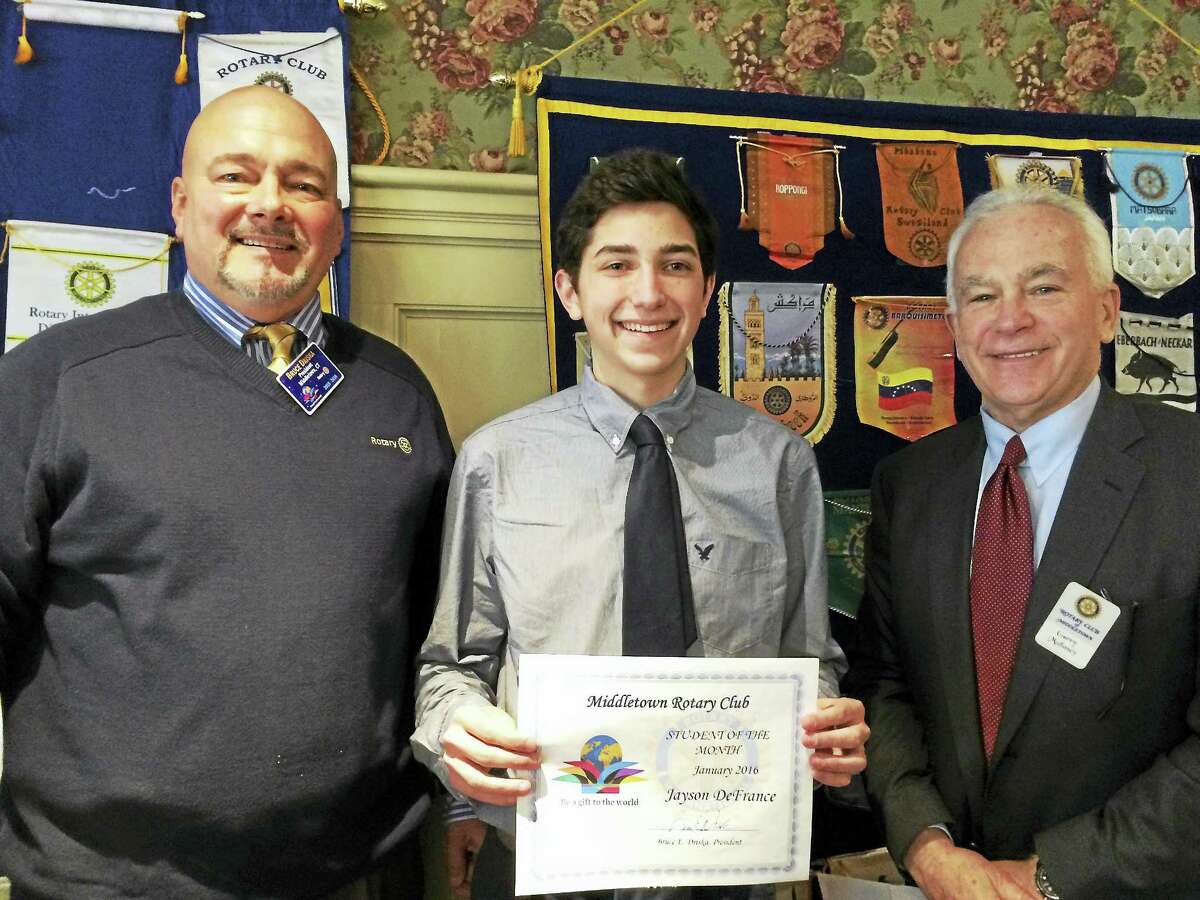 From left are Rotary Club President Bruce Driska, student of the month Jayson DeFrance and student of the month Chair Garry Mullaney. DeFrance, who attends Middletown High School, was honored Jan. 5 at First and Last Tavern.