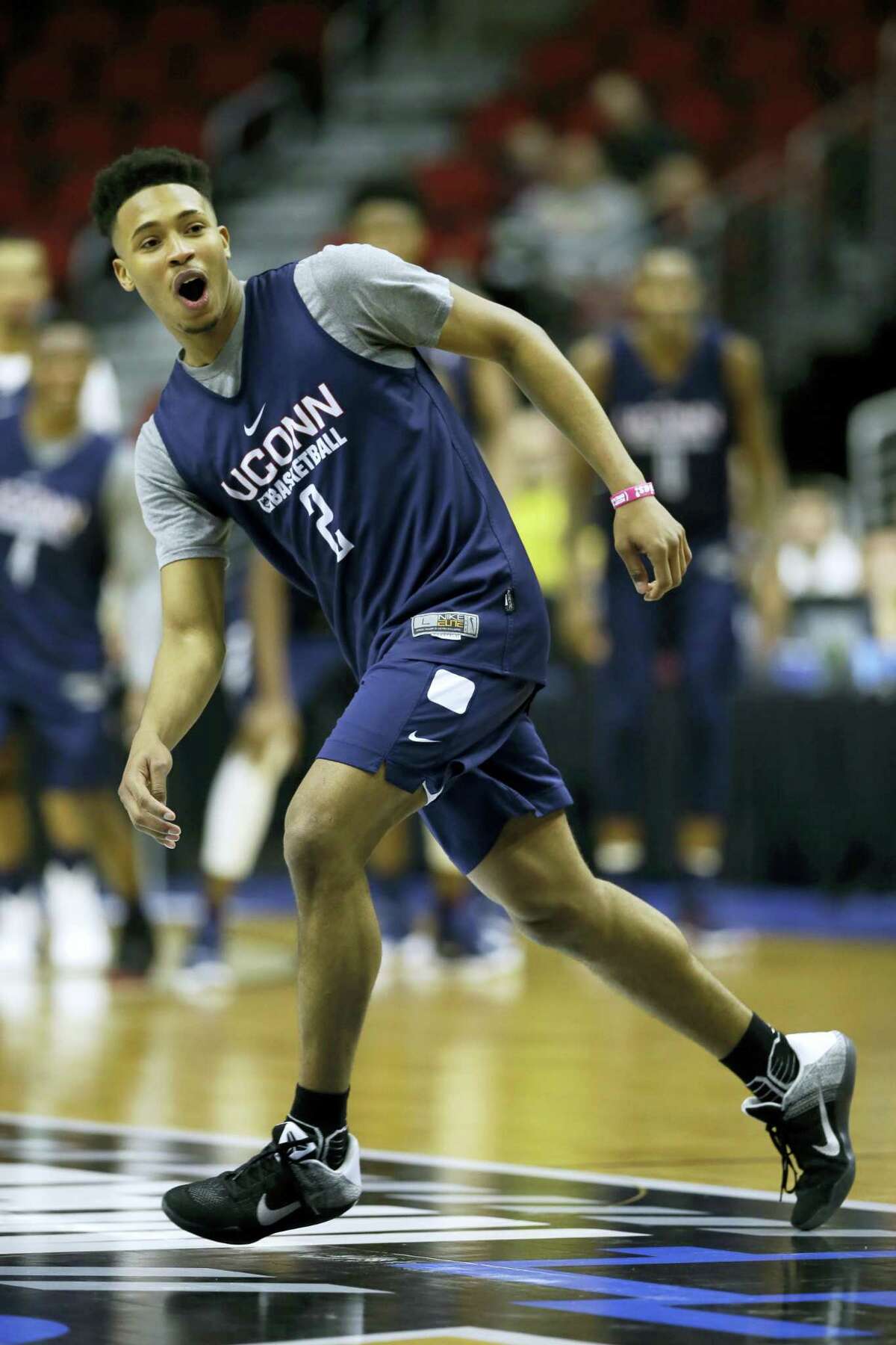 Connecticut guard Jalen Adams reacts after missing a shot during practice for a first-round men's college basketball game in the NCAA Tournament, Wednesday, March 16, 2016, in Des Moines, Iowa. Connecticut will play Colorado on Thursday. (AP Photo/Charlie Neibergall)