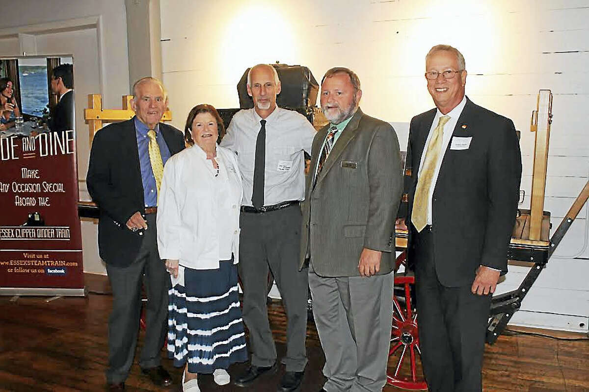 A Business After Work event was held Sept. 15 at Essex Steam Train & Riverboat. Shown, from left, are Middlesex County Chamber of Commerce President Larry McHugh, past Middlesex Chamber chairwoman Mary Ellen Klinck, Essex First Selectman Norm Needleman, President of Valley Railroad Company, Essex Steam Train & Riverboat Kevin Dodd, and Middlesex Chamber Chairman Gregory Shook.