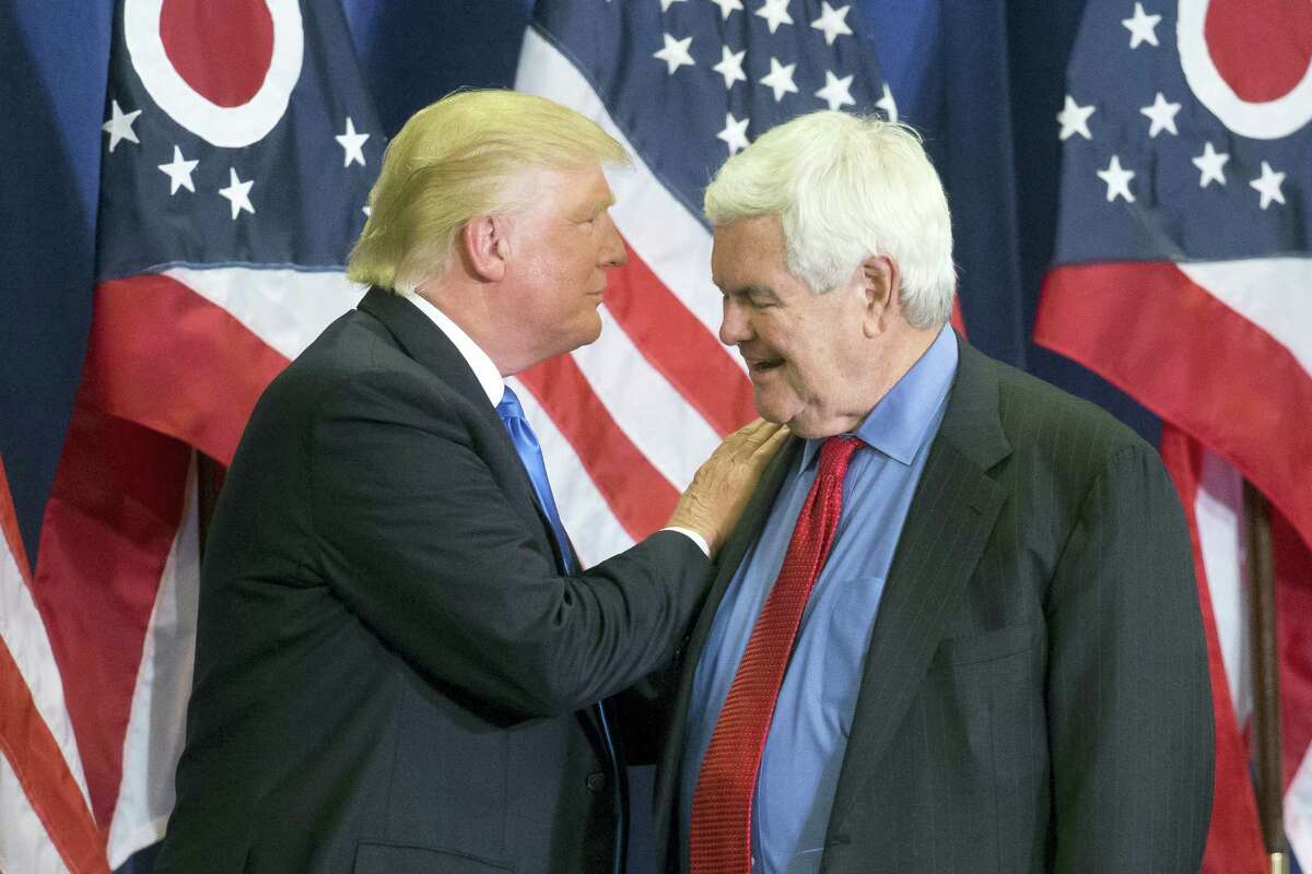 In this photo taken July 6, 2016, Republican Presidential candidate Donald Trump and former House Speaker Newt Gingrich share the stage during a campaign rally in Cincinnati. Running mate or not, “Newt Gingrich is going to be involved with our government,” Republican presidential candidate Donald Trump has said.