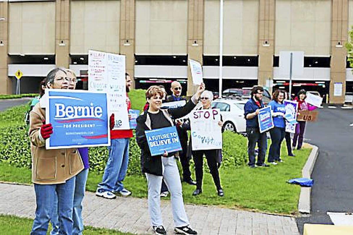 Bernie supporters outside the Connecticut Convention Center in May