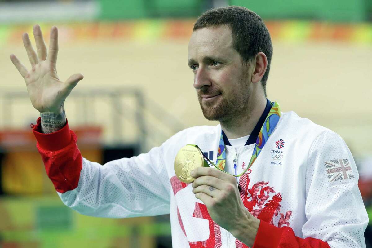 This is an Aug. 12, 2016 photo of Gold medalist Bradley Wiggins of Britain as he poses on the podium of the Men’s team pursuit final at the Rio Olympic Velodrome during the 2016 Summer Olympics in Rio de Janeiro, Brazil. Medical data, in an alleged criminal attack by Russian hackers on a World Anti-Doping Agency database, leaked details of asthma medication used by Bradley Wiggins.