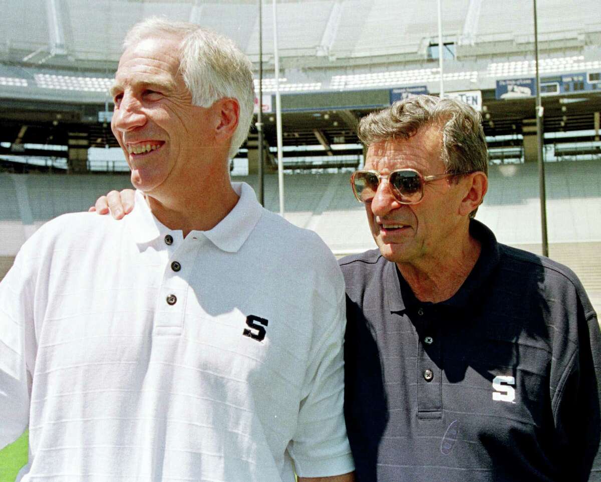 In this Aug. 6, 1999, file photo, Penn State football coach Joe Paterno, right, poses with his defensive coordinator Jerry Sandusky, during the college football team’s media day in State College, Pa. Newly released court documents provided new details Tuesday, July 12, 2016, on allegations that Paterno was told in 1976 about a sex abuse accusation against Sandusky, and that some of Paterno’Äôs assistants witnessed improper contact between Sandusky and children in the 1980s. Sandusky, who was arrested in 2011, is serving 30 to 60 years in prison on a 45-count child molestation conviction.