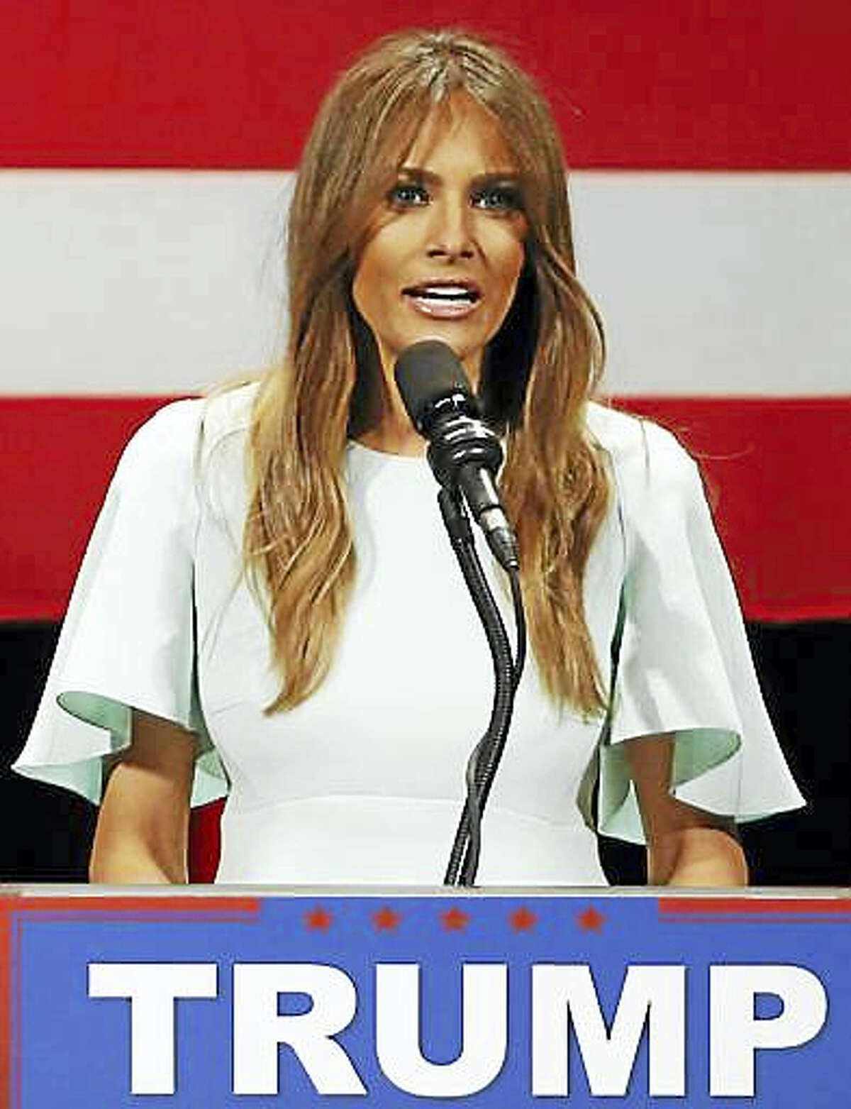 This is a April 4, 2016, file photo, Melania Trump, wife of Republican presidential candidate Donald Trump, addresses the crowd during a rally at the Milwaukee Theatre in Milwaukee.