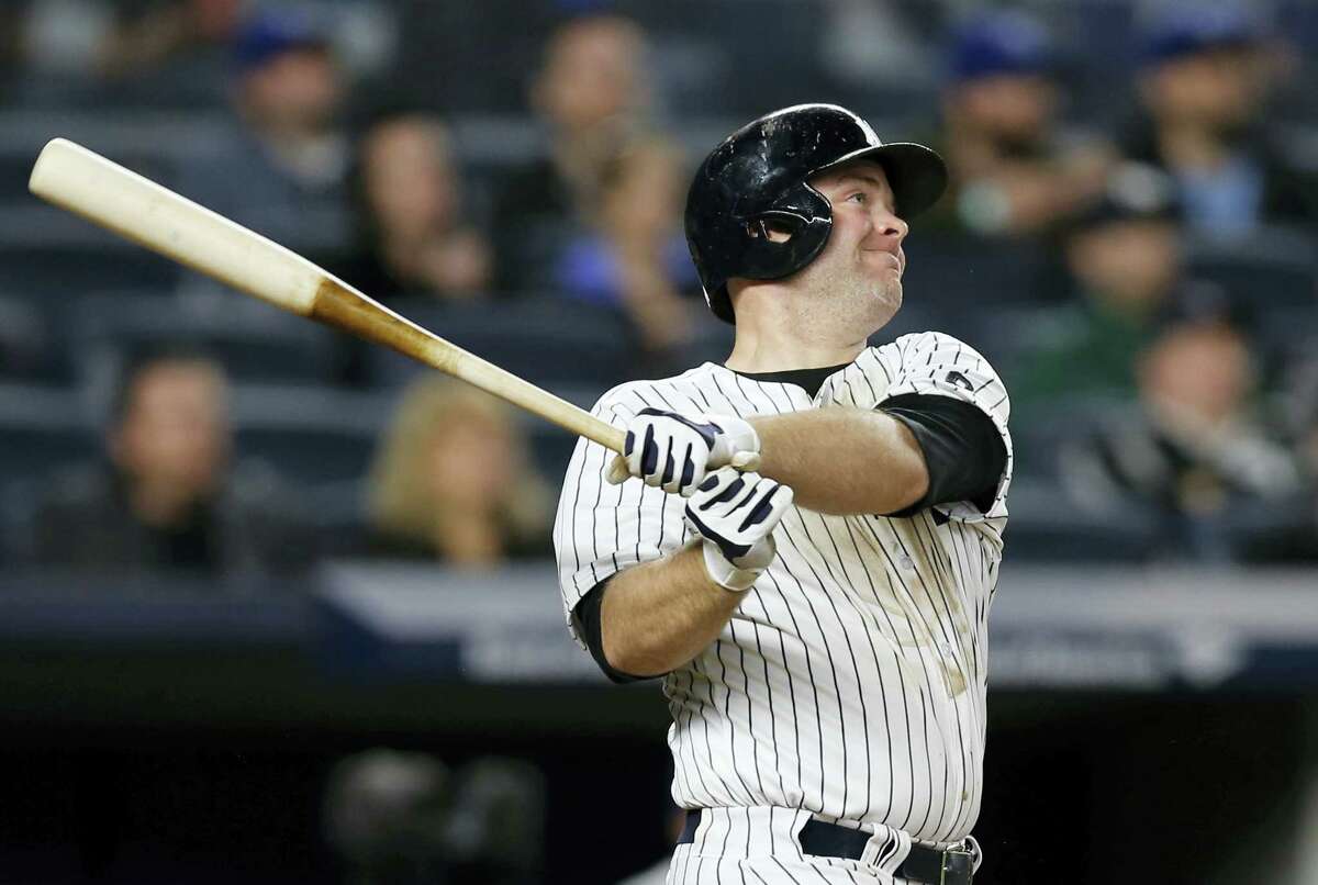 New York Yankees catcher Brian McCann watches his eighth-inning, two-run double in the Yankees’ 10-7 victory over the Kansas City Royals at Yankee Stadium Tuesday.