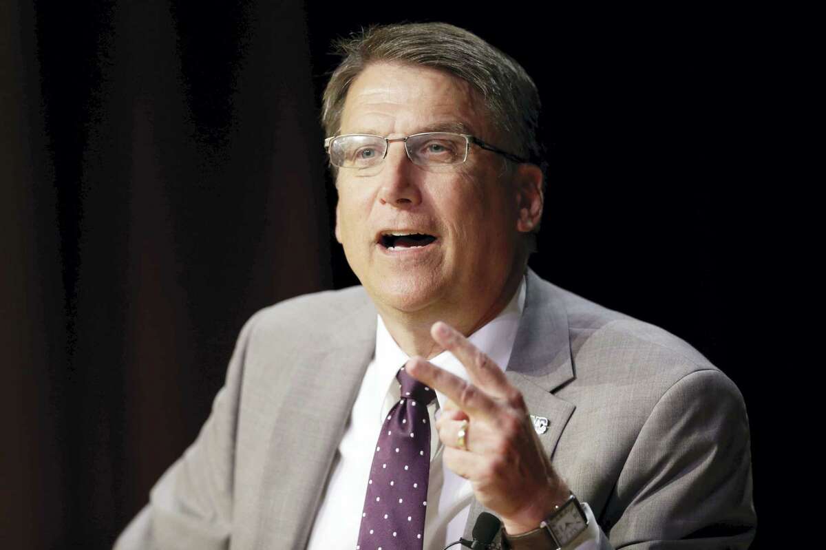 North Carolina Gov. Pat McCrory makes remarks concerning House Bill 2 while speaking during a government affairs conference in Raleigh, N.C., Wednesday, May 4, 2016. North Carolina’s “bathroom law” limits protections to LGBT people, violates federal civil rights laws and can’t be enforced, the U.S. Justice Department said Wednesday, putting the state on notice that it is in danger of being sued and losing hundreds of millions of dollars in federal funding.