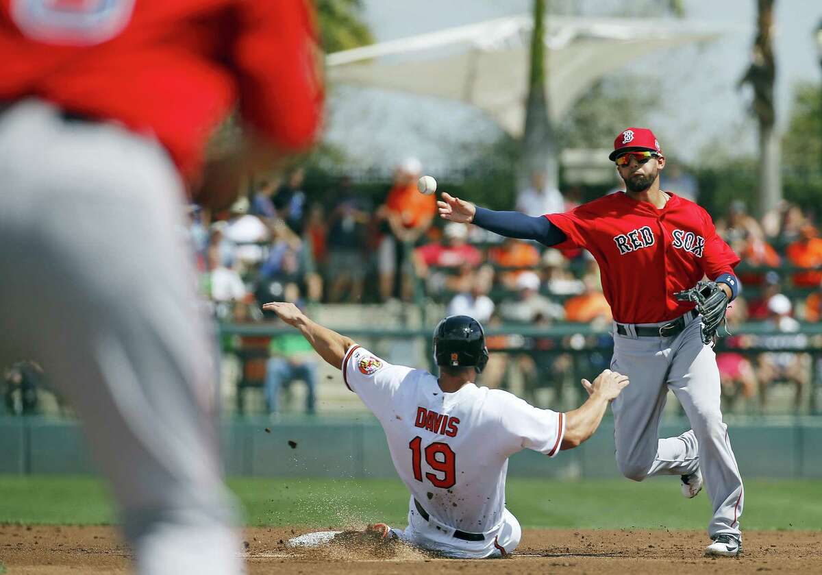Red Sox second baseman Deven Marrero, right, throws to first for a double play to end the first inning on Tuesday.