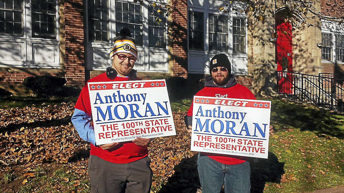 Republican Anthony Moran campaigns at Macdonough Elementary School Tuesday morning.