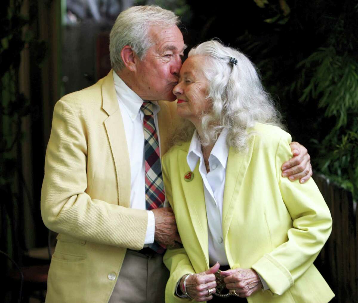 In this June 21, 2006, file photo, Actors Jack Larson, left, and Noel Neil, who originated the roles of Jimmy Olson and Lois Lane in the 1950s “Superman” television series, pose at Patrick’s Roadhouse in the Pacific Palisades area of Los Angeles. The actress who was the first to play Superman’s love interest, Lois Lane, on screen has died. Neill was 95. Neill’s biographer Larry Ward tells The Associated Press that she died Sunday, July 3, 2016, at her home in Tucson, Ariz., following a long illness.
