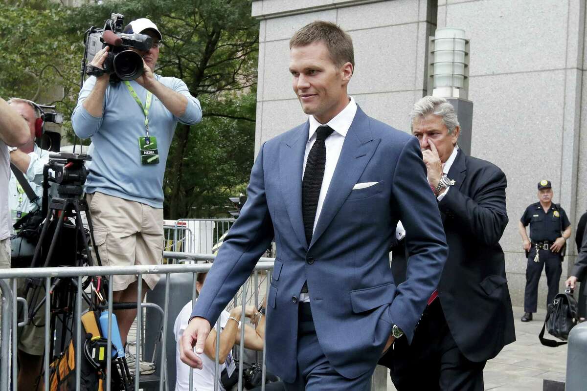 In this Monday, Aug. 31, 2015, file photo, New England Patriots quarterback Tom Brady leaves federal court, in New York. Lawyers who want Brady to put “Deflategate” behind him for good are ready to make their pitch to a New York appeals court. NFL lawyers are asking the 2nd U.S. Circuit Court of Appeals in Manhattan to reinstate Brady’s four-game suspension.