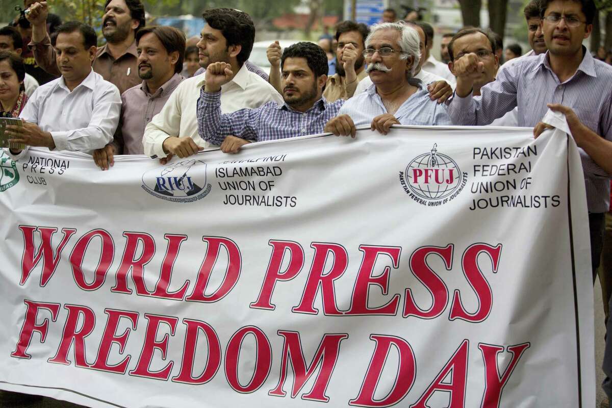 Pakistan journalists rally to observe the World Press Freedom Day in Islamabad, Pakistan, Tuesday, May 3, 2016. Dozens of journalists gathered shouting slogans for the freedom of press.