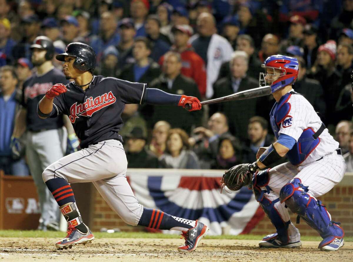AP Photo/Nam Y. Huh Cleveland Indians’ Francisco Lindor hits a RBI single during the sixth inning of Game 5 of the Major League Baseball World Series against the Chicago Cubs on Oct. 30, 2016 in Chicago.
