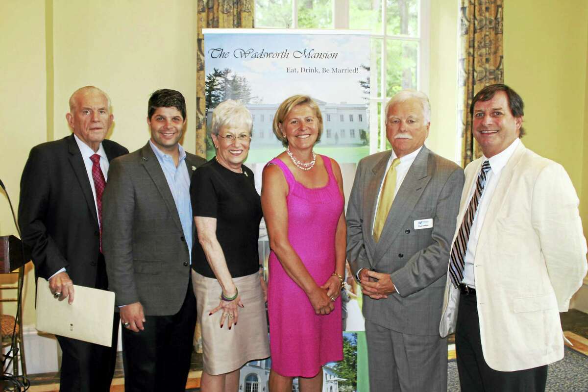 The Middlesex County Chamber of Commerce All Middletown Division met on June 21 at The Wadsworth Mansion at Long Hill Estate. The meeting featured a visit and remarks from Lt. Gov. Nancy Wyman. Shown from left are: Chamber President Larry McHugh, Middletown Mayor Dan Drew, Wyman, Wadsworth Mansion Executive Director Deborah Moore, Middletown Small Business Development Center Counselor Paul Dodge and Chamber South Middletown Division Chairman Brian Kronenberger of Kronenberger & Sons Restoration, Inc.