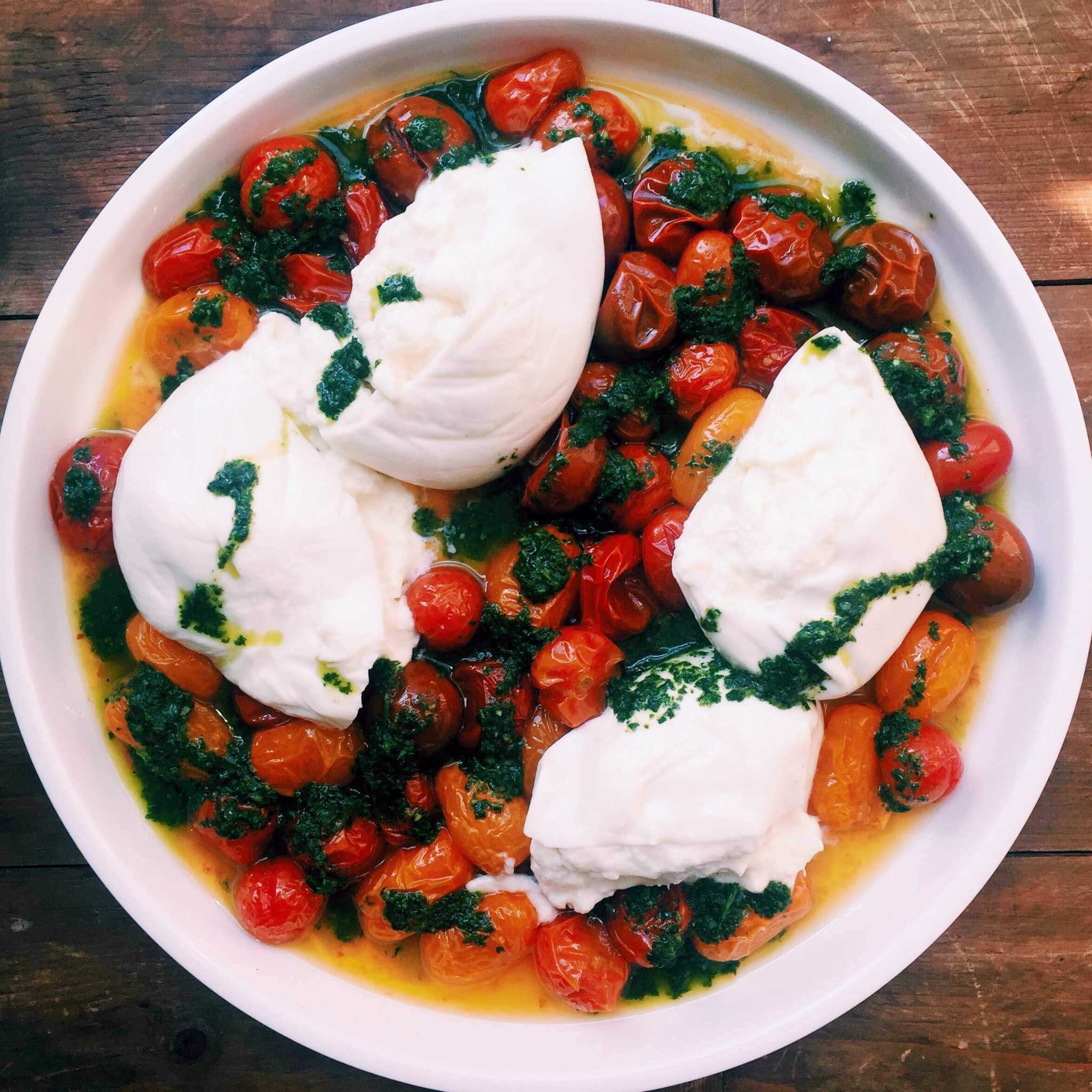 Recipe For Roasted Cherry Tomatoes With Burrata And Basil Oil