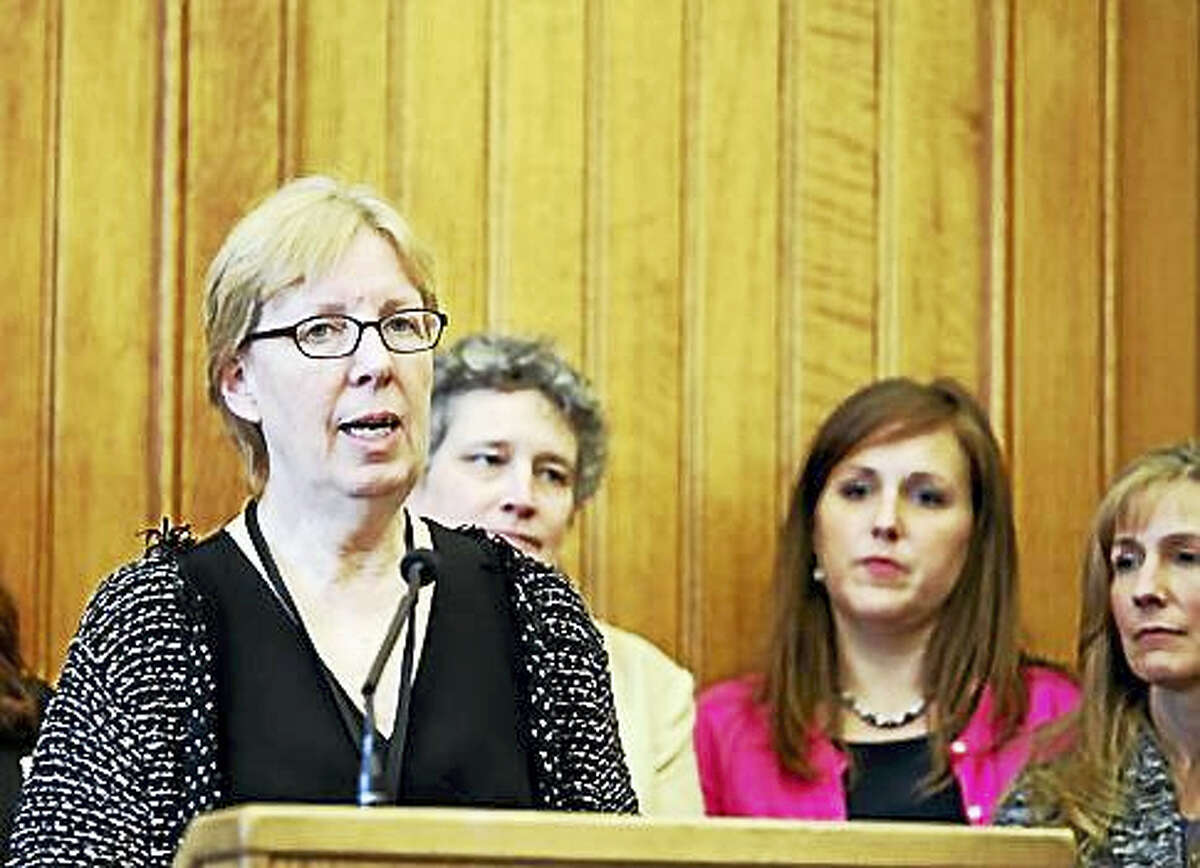 Sen. Cathy Osten, D-Sprague, speaking at a press conference earlier this month in support of paid Family and Medical Leave.