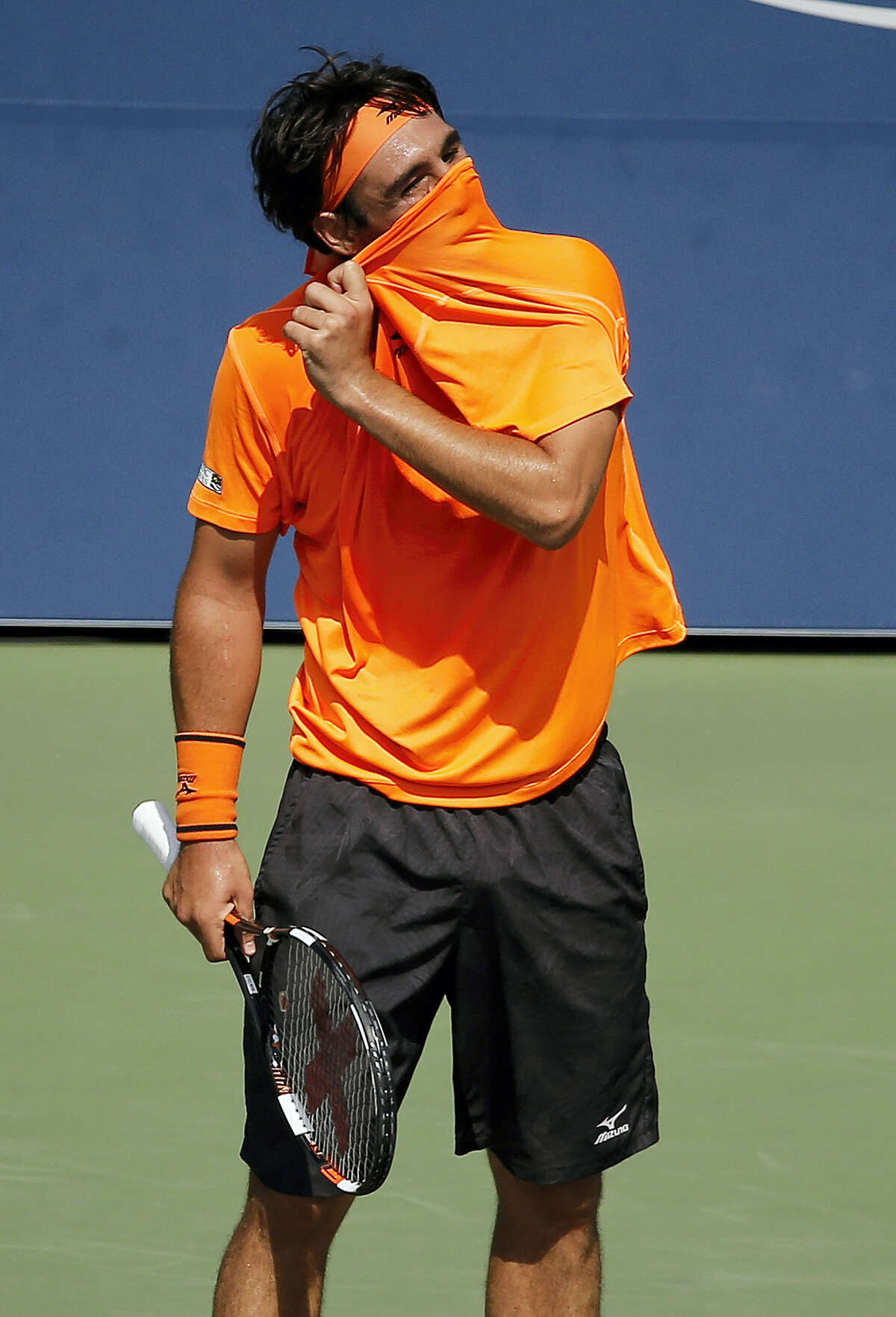 Marcos Baghdatis reacts after a point against Gael Monfils on Sunday.