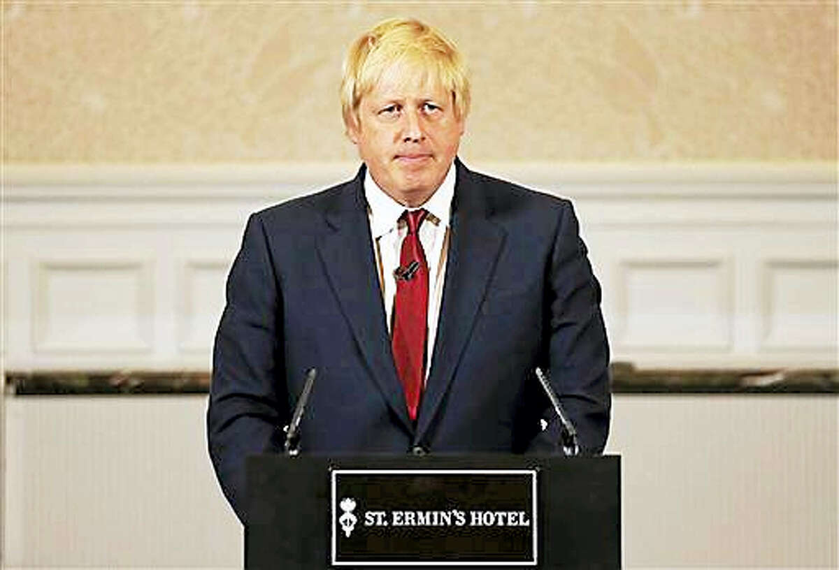 Former London mayor Boris Johnson announces that we will not run for leadership for Britain’s ruling Conservative Party in London, Thursday, June 30, 2016. The battle to succeed Prime Minister David Cameron as Conservative Party leader has drawn strong contenders with the winner set to become prime minister and play a vital role in shaping Britain’s relationship with the European Union after last week’s Brexit vote.
