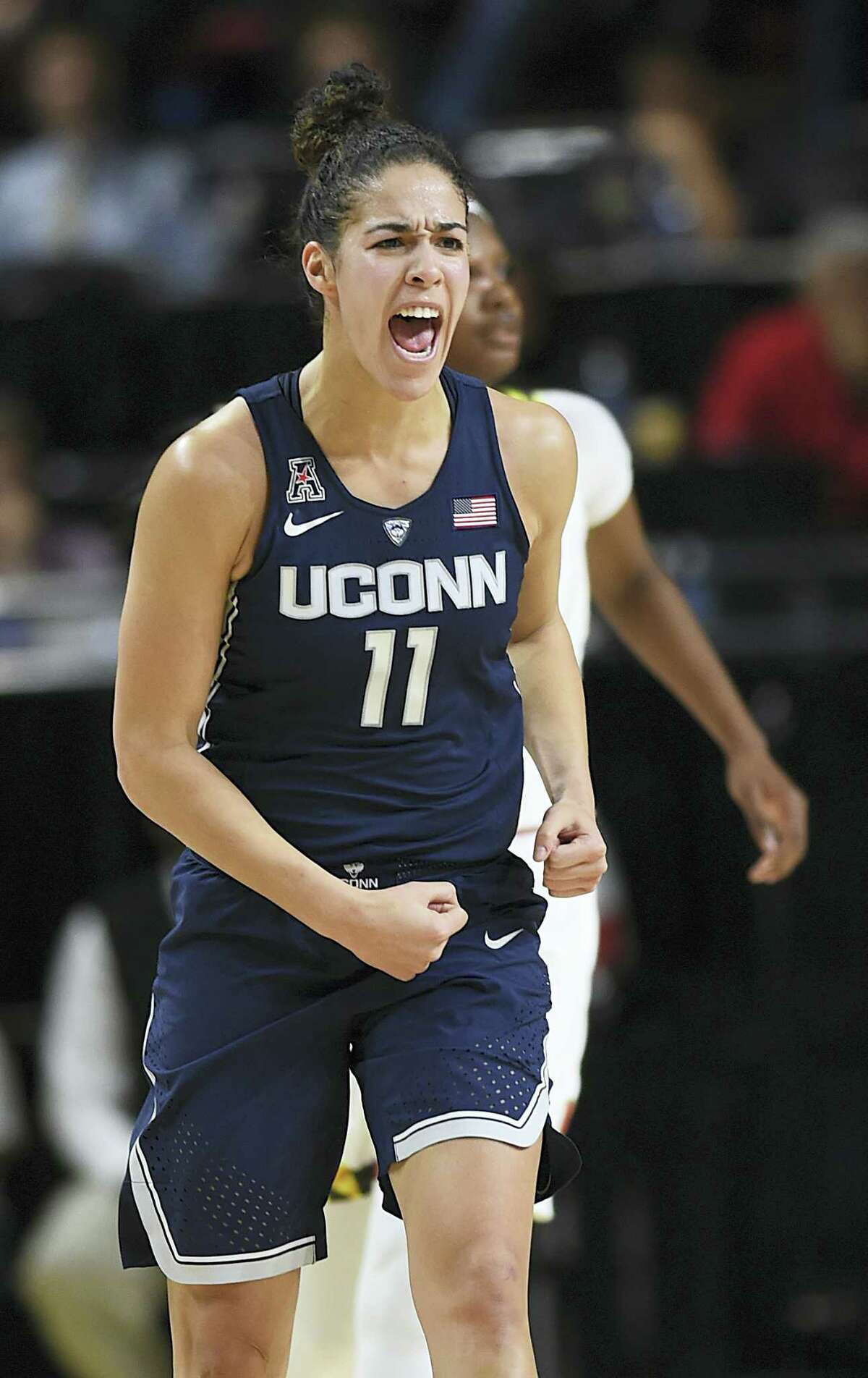 Uconn’s Kia Nurse reacts after connecting on a 3-pointer.