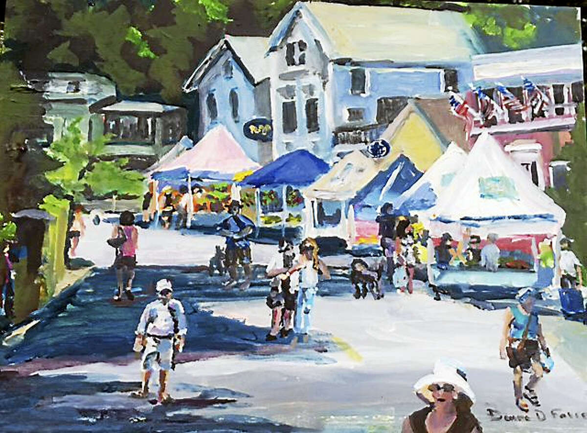 Chester’s markets are featured in a painting by D. Favreau, part of a new show at Maple and Main Gallery in Chester. The show opens with a reception on Jan. 6.