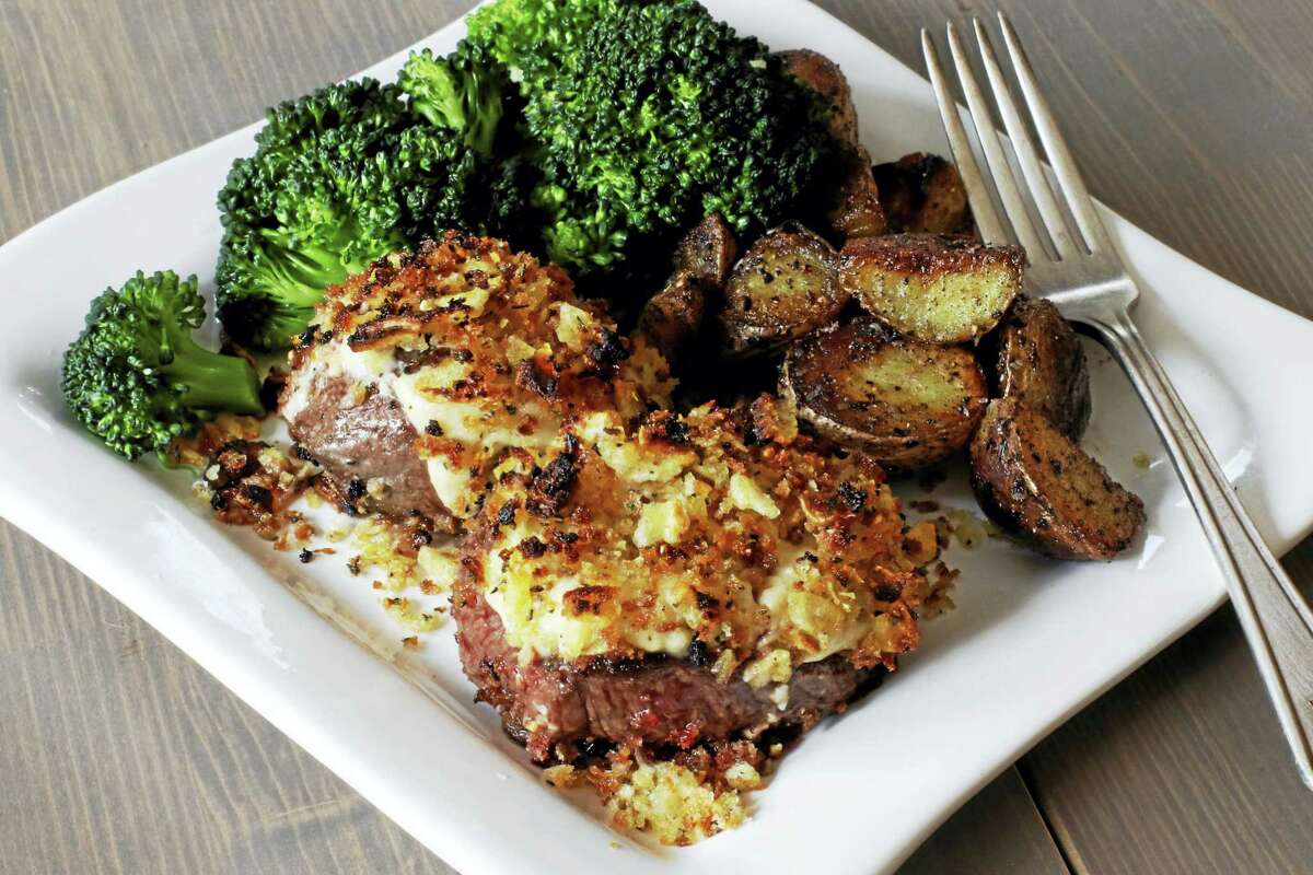 The delicious crust on these petite steaks is made from freshly grated horseradish, mayonnaise, mustard, breadcrumbs and crushed potato chips.