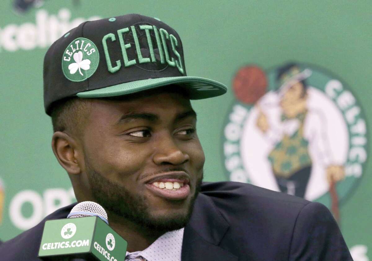 Jaylen Brown smiles during an introductory news conference Friday.