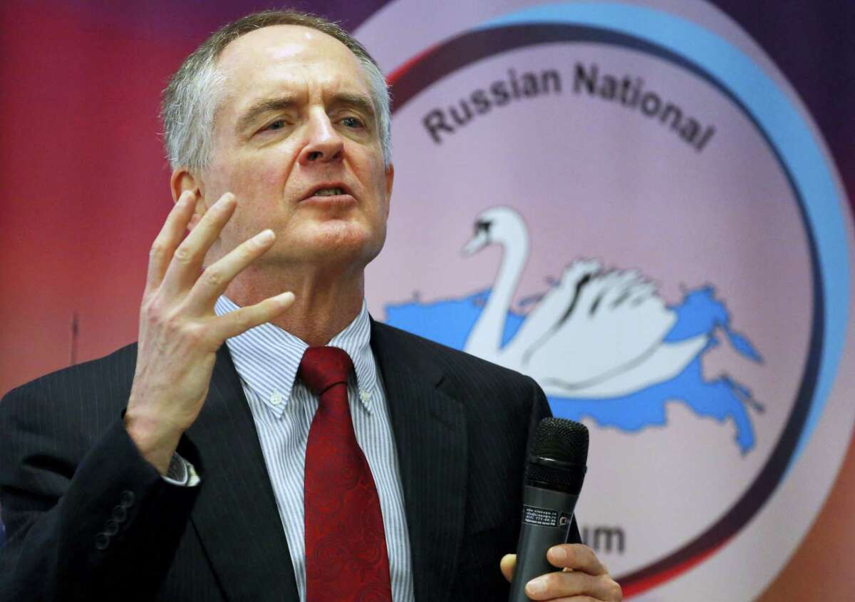 In a March 22, 2015 photo, U.S. writer Jared Taylor, author of the book “White Identity” speaks during the International Russian Conservative Forum in St. Petersburg, Russia. Taylor, a Yale University-educated, self-described “race realist,” runs the New Century Foundation. The federal government has allowed four groups at the forefront of the white nationalist movement, including the New Century Foundation, to register as charities and raise more than $7.8 million in tax-deductible donations over the past decade, according to an Associated Press review.