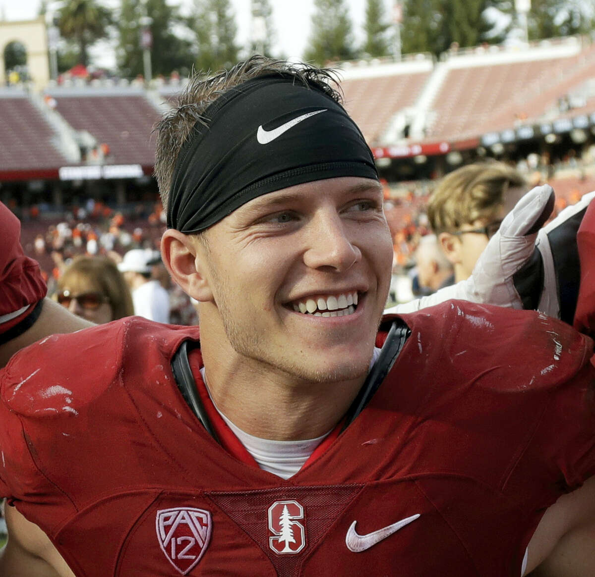 In this Nov. 5 file photo, Stanford running back Christian McCaffrey smiles after Stanford defeated Oregon State 26-15. McCaffrey is done playing college football. Stanford’s star running back announced on Twitter on Monday, Dec. 19, 2016, that he will not play in the Sun Bowl game against North Carolina on Dec. 30 in El Paso, Texas.