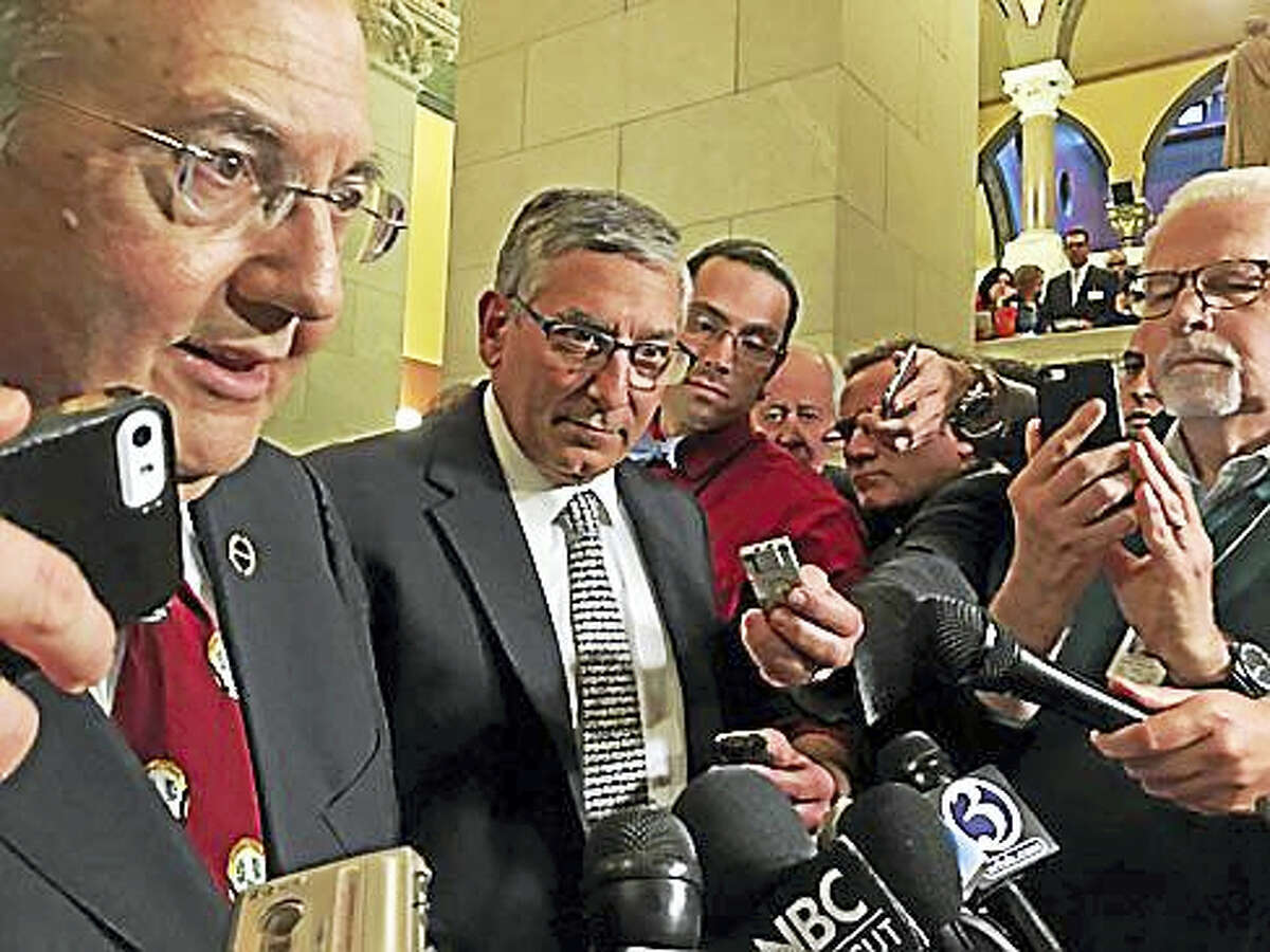 Sen. President Martin Looney and Sen. Len Fasano during a press conference in May.