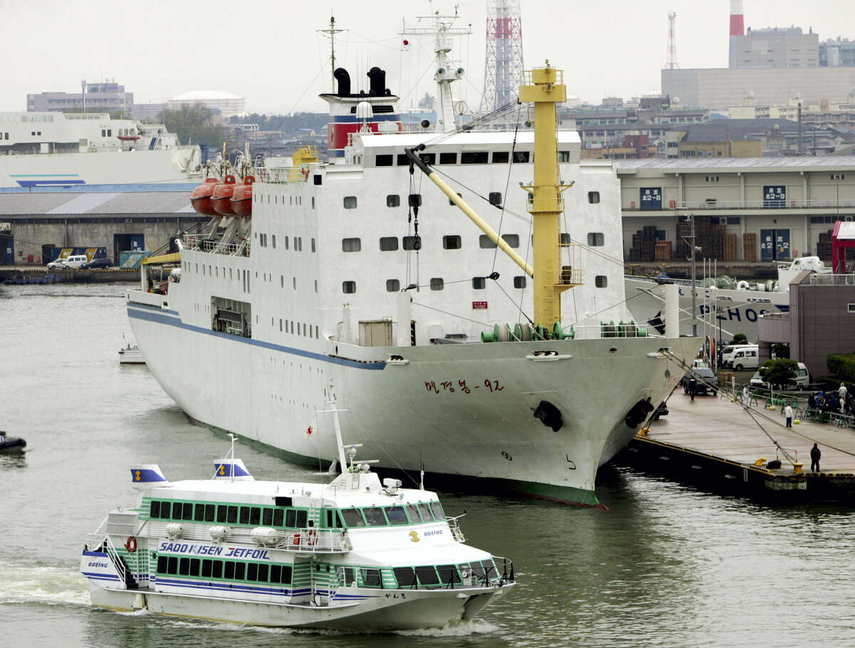 In this May 18, 2005 photo, the North Korean ferry Mangyongbong-92 is at anchor at the northern Japanese port of Niigata. The Mangyongbong-92, a sleek white ferry that traveled between Niigata and Wonsan on North Korea’s east coast, was long the symbol of a once-considerable transfer of goods, people and cash between the countries, but it was banned by Japan in 2006 over the abduction problem.
