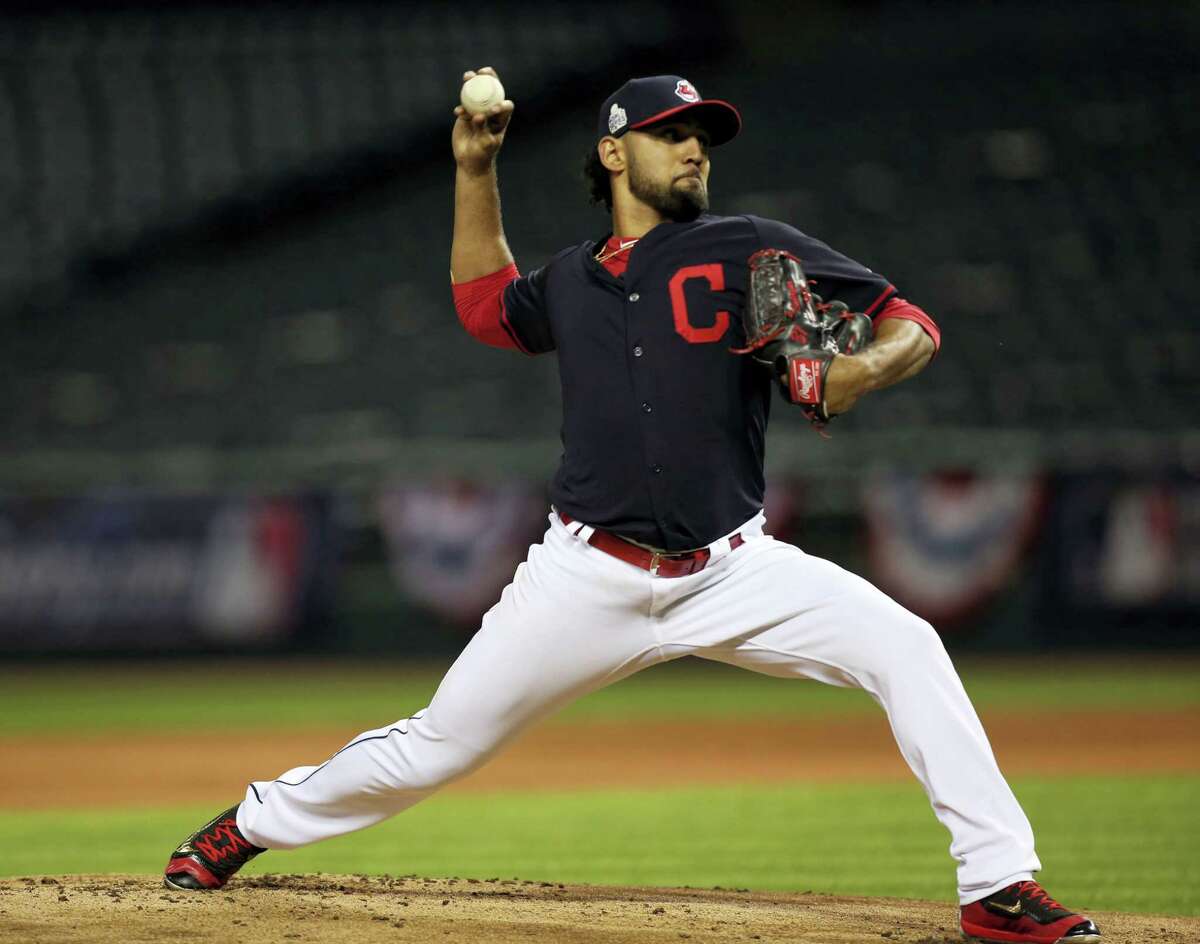 Cleveland Indians’ Danny Salazar pitches a simulated game during a team practice for baseball’s upcoming World Series against the Chicago Cubs on Oct. 23, 2016 in Cleveland.