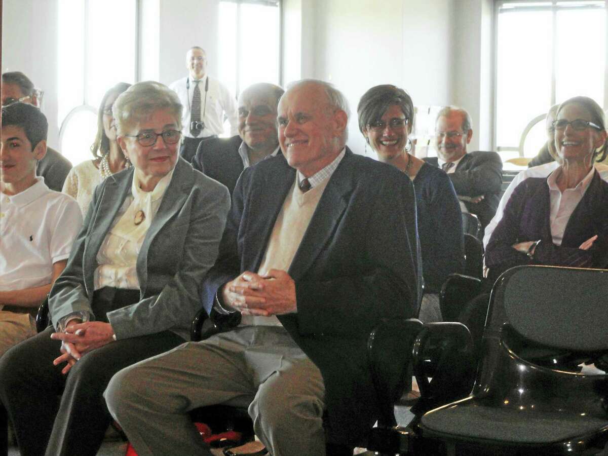 Dozens of colleagues, law enforcement officials, friends and the family of retired State’s Attorney John T. “Jack” Redway, right, gathered Friday at Middletown Superior Court for an alternatively humorous and touching tribute. His wife of 56 years, Sue Redway, shares a laugh with her husband.