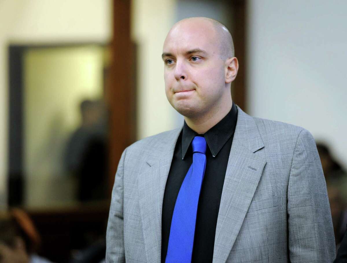 Matthew Mills, of Brooklyn, N.Y., appears before Superior Court Judge William Holden in Bridgeport, Conn. on Nov. 17, 2015 on a charge of interfering with police and second-degree breach of peace for allegedly trying to disrupt the annual charity race in honor of murdered Sandy Hook teacher Victoria Soto.