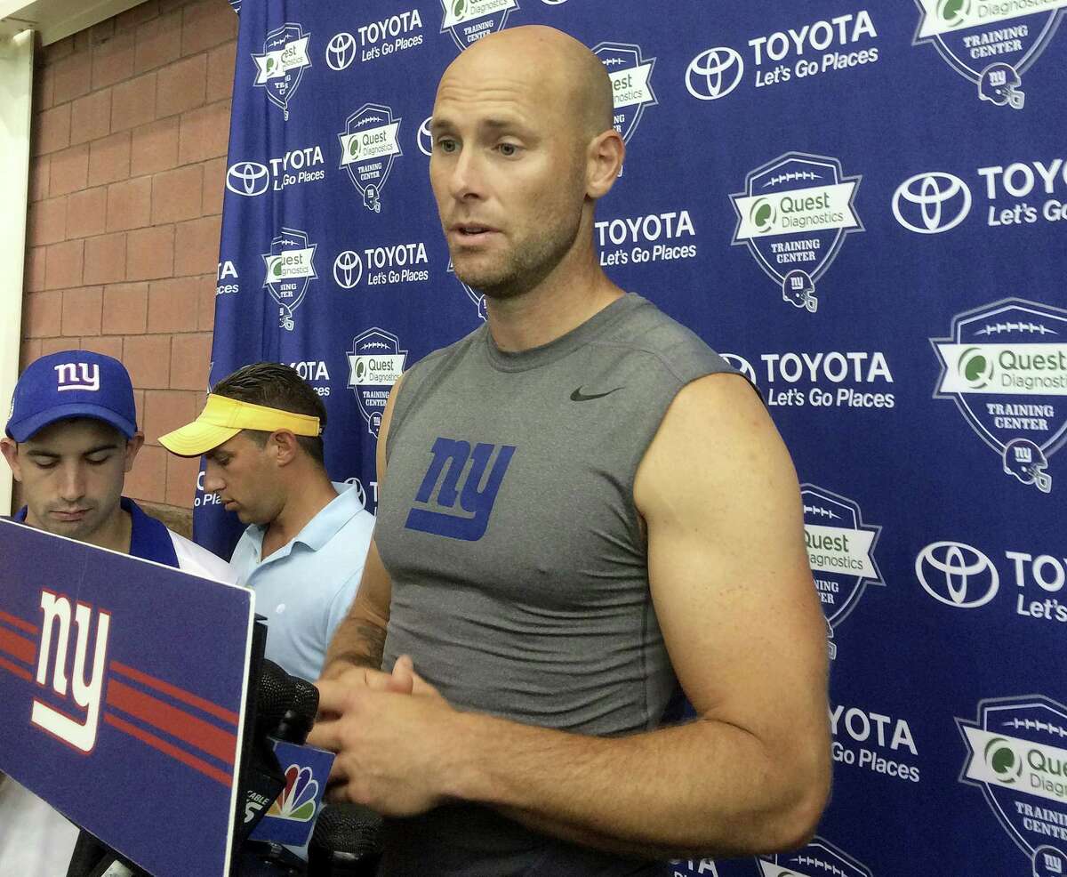 Giants kicker Josh Brown speaks with reporters on Thursday in East Rutherford, N.J.