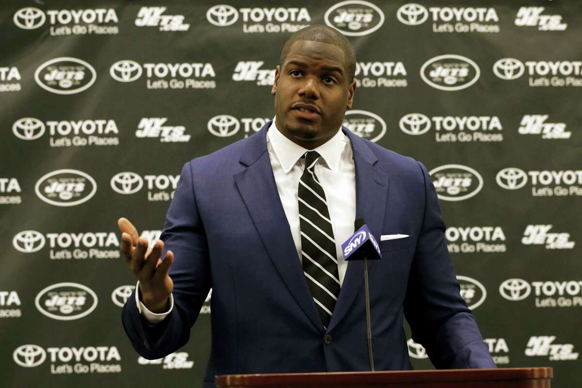 D’Brickashaw Ferguson speaks to the media about retiring during a press conference on Thursday in Florham Park, N.J.