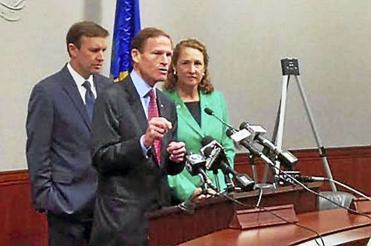 U.S. Sens. Richard Blumenthal and Chris Murphy, both D-Conn., with Connecticut U.S. Rep. Elizabeth Esty, D-5.