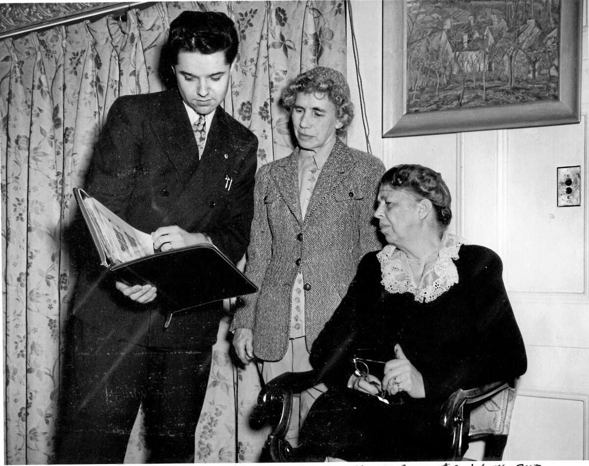 Photo by George EmeryHenry Josten interviews Mrs. Franklin D. (Eleanor) Roosevelt, seated, during one of her visits with Esther Lape (center) in Westbrook in the late 1940s.