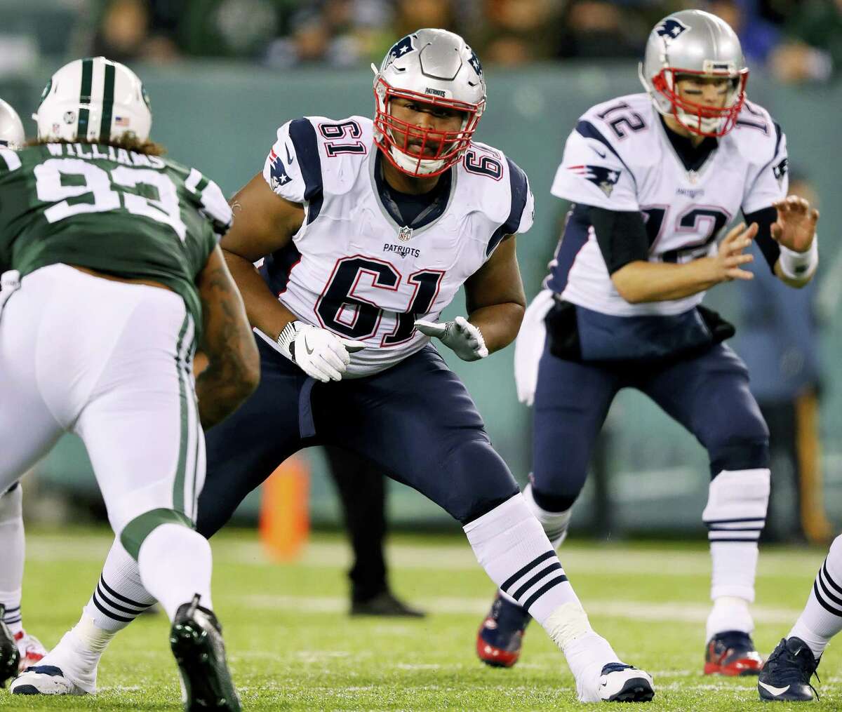 New England Patriots offensive tackle Marcus Cannon blocks against the New York Jets during an NFL football game at MetLife Stadium in East Rutherford, N.J. Sunday, Nov. 17, 2016.