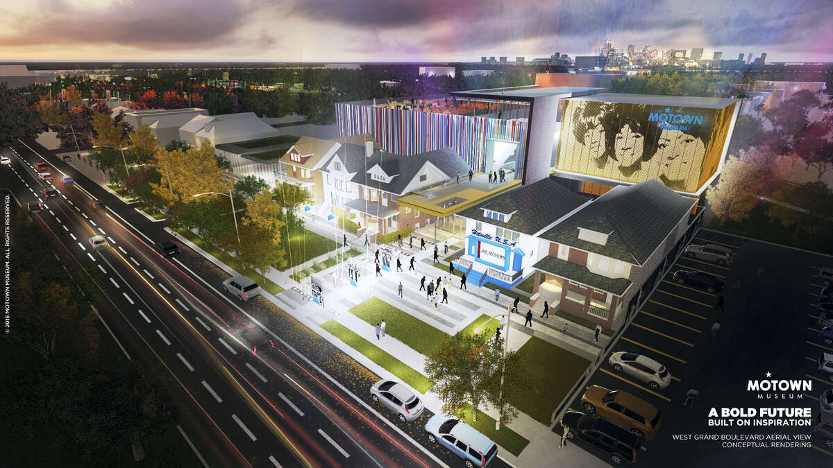 This artist rendering provided by Identity shows plans for an expansion of the Motown Museum in Detroit that will include interactive exhibits, a performance theater and recording studios. The museum, announced Oct. 17, 2016, is planning the expansion that will be designed and built around the existing museum, which includes the Motown studio with its “Hitsville U.S.A.” facade.