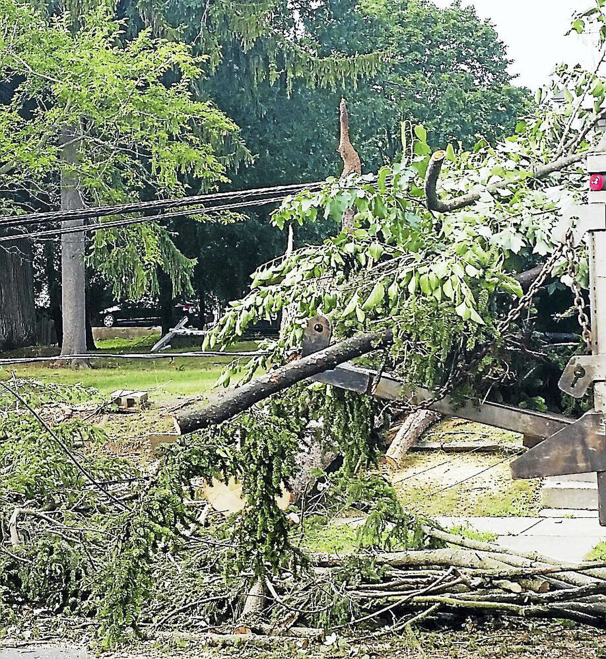 A Middletown public works dump truck carefully removes a tangle of tree branches but has to stop quickly when the driver was alerted to the debris being caught up in electricity wires, which although the power had been shut off, were still connected to the utility pole on one end.