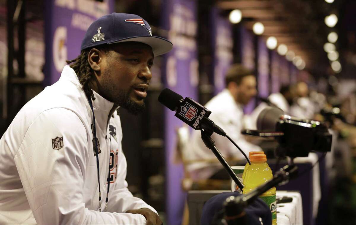New England Patriots running back LeGarrette Blount answers questions during media day Tuesday in Phoenix.