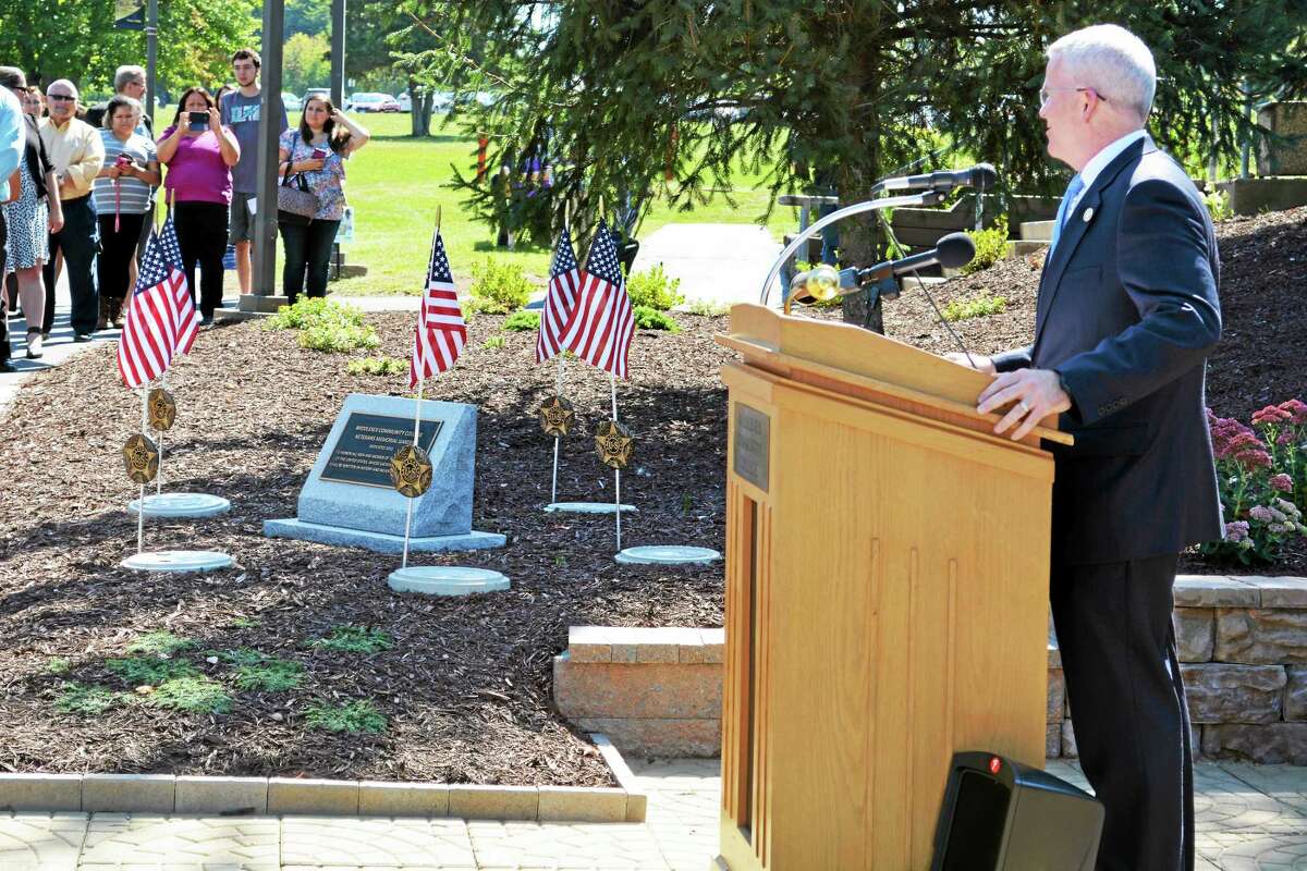 Middlesex Community College unveiled its Veterans Memorial Garden Wednesday as state and local dignitaries, students, staff and veterans stood by at the Middletown campus. Here, Connecticut Veterans Affairs Commissioner Sean Connelly speaks.