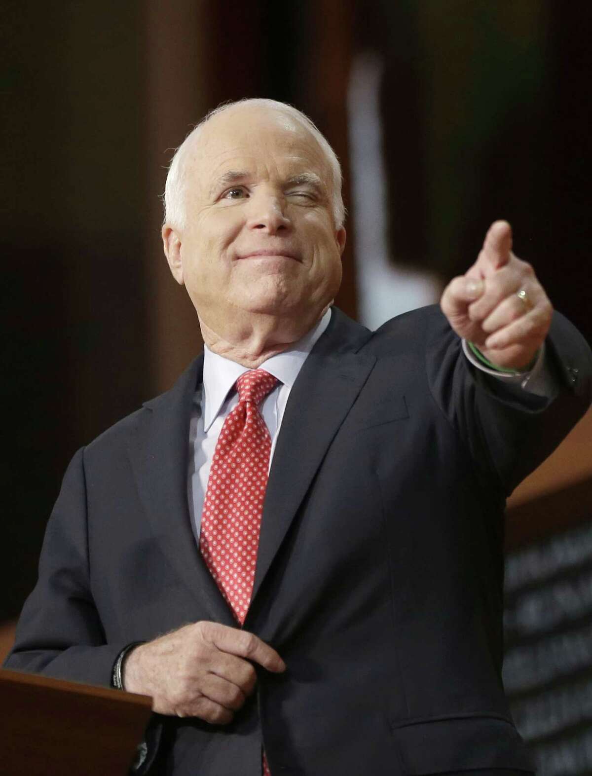 Arizona Senator John McCain winks after addressing the Republican National Convention in Tampa, Fla., in this August 2012 file photo. McCain is coming to Cromwell on Jan. 30.