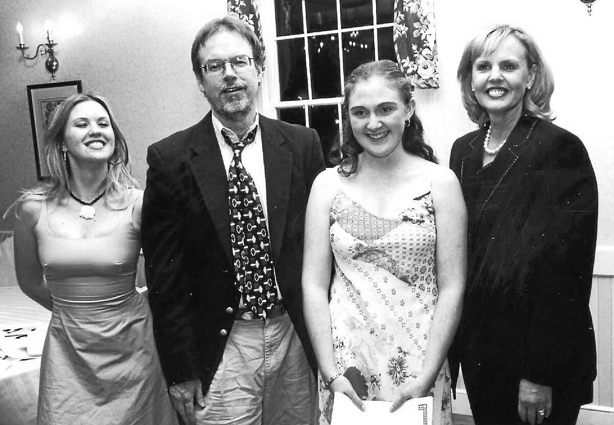 (L-R) 2001 CT Young Writers State Prose Champion Candi Deschamps, WNPR host Colin McEnroe, 2003 State Prose Champion Lauren Hefferon and author Diane Smith at the Litchfield Inn, June 2003. -India Blue photo via CT Young Writers Trust.