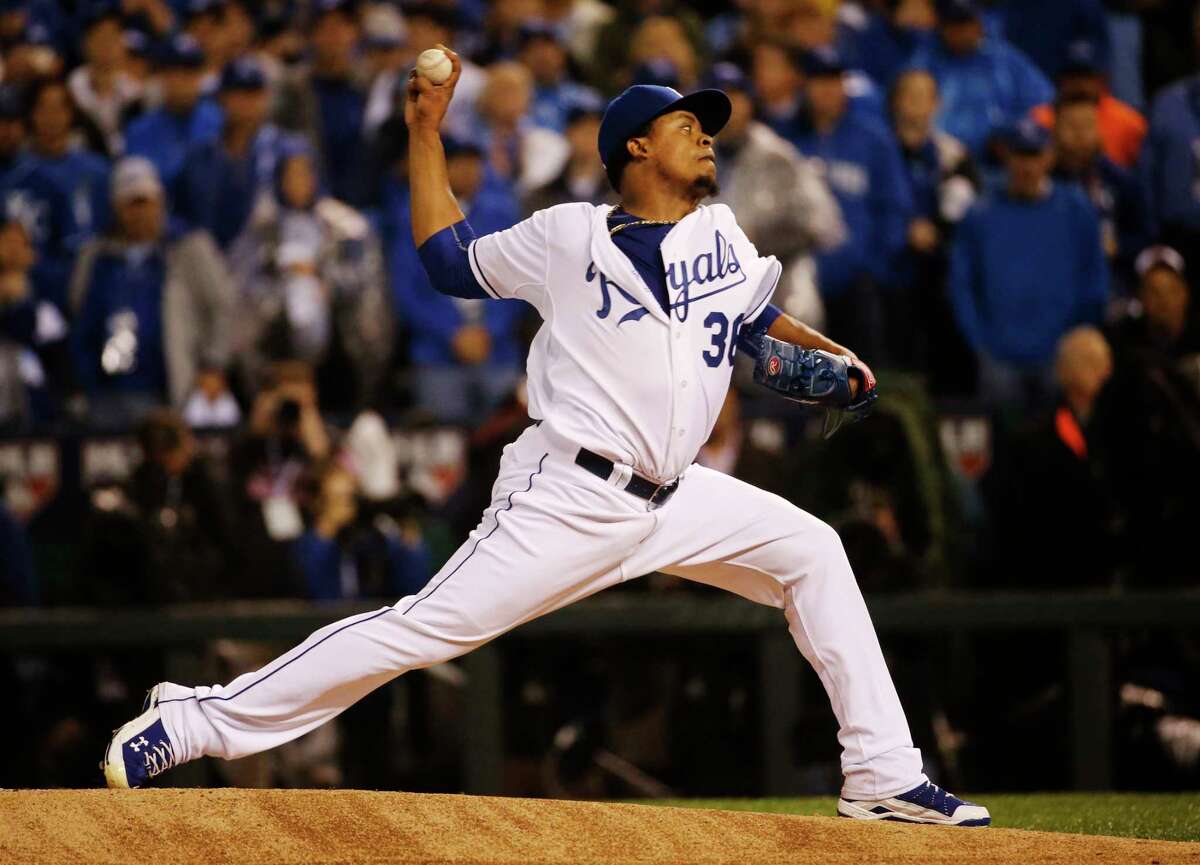 Kansas City Royals pitcher Edinson Volquez throws during the first inning of Game 1 of the World Series on Tuesday.