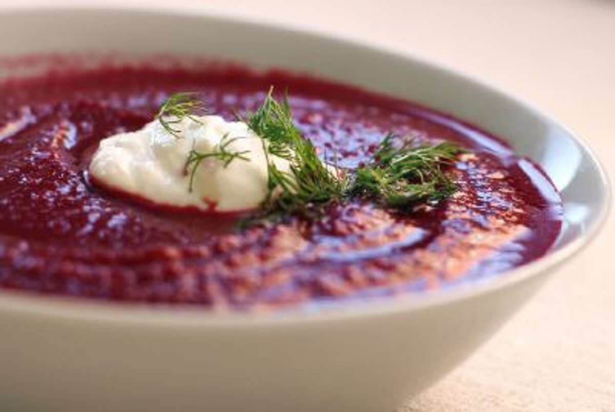 Puréed beet soup. There are many decent ways to serve beets, and all of them require staining your hands fuchsia.
