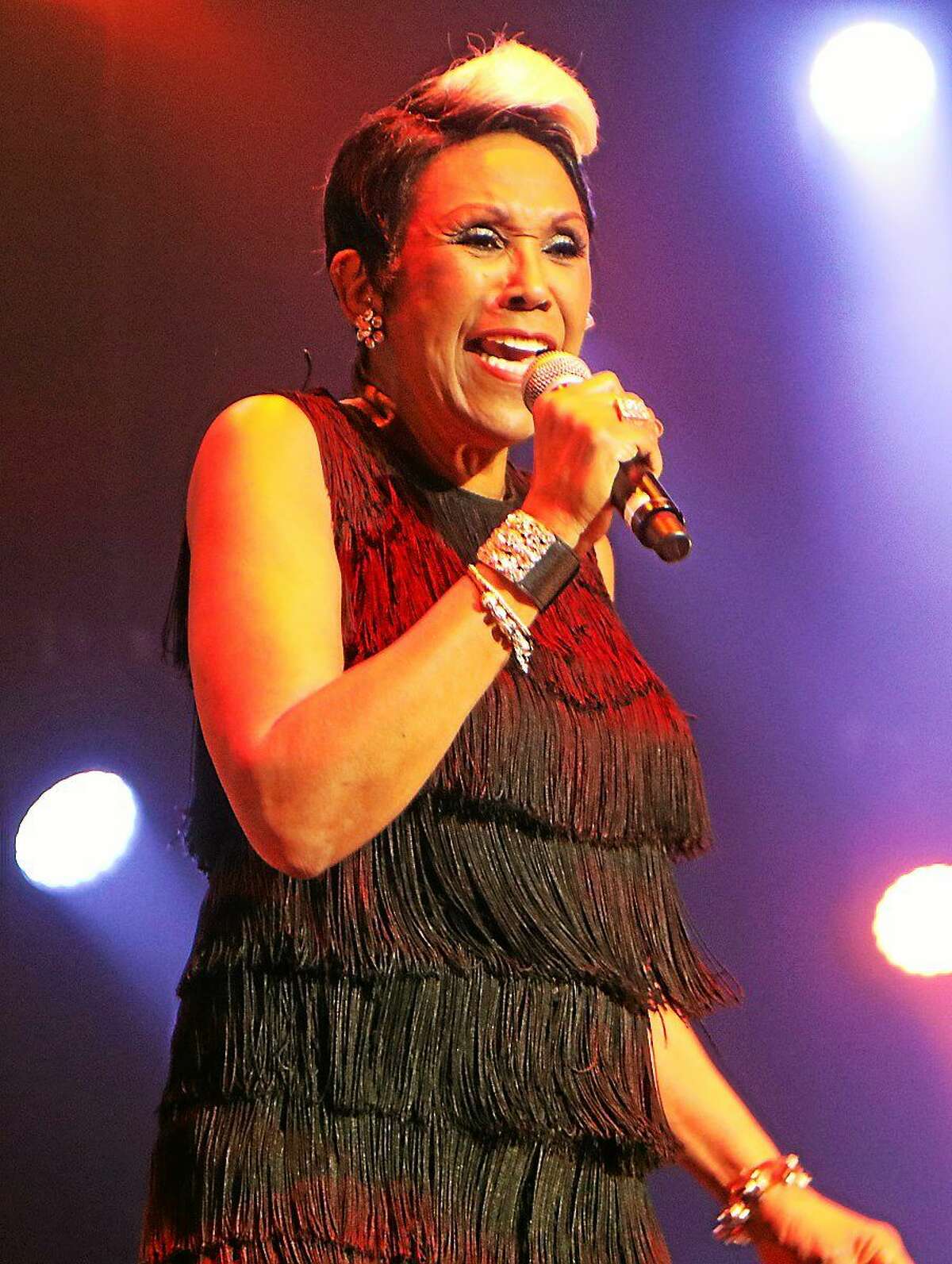 Photo by John Atashian Singer Ruth Pointer, best known for being the eldest member of the legendary Pointer Sisters, performs at the Mohegan Sun Arena during the groups headline appearance on Feb. 6. Their set was part of the ì80ís Extravaganzaî concert which also included performances by singers Debbie Gibson, Terri Nunn & Berlin, Tiffany, Shannon, Club Nouveau and Andy Bell of Erasure.